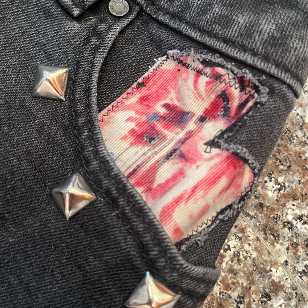 Upcycled Black Jean Shorts with Silver Studs, flowers and lace